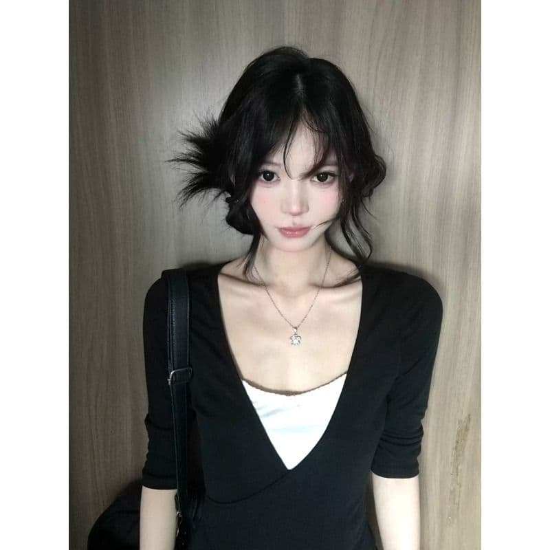모달 사람들 면 검정색 V넥 페이크 레이어드 긴팔 티셔츠 여성 몸매 가꾸기 슬림해 보이는 기본 셔츠 한 첨부 된 의류 이미지 3