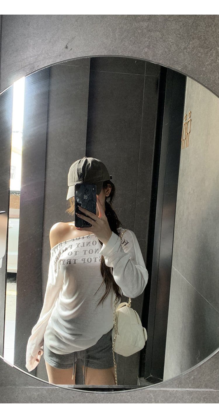 라이 경기 서울 눈꽃 면 자외선 차단 블라우스 여성 여름 긴팔 티셔츠 핫걸 화이트 오프숄더 비스듬한 어깨 의류 상세 이미지 14