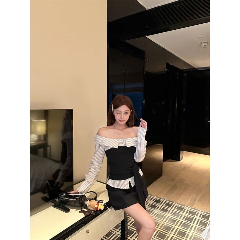 원본 것 순수한 욕망 바람 스트랩 패치워크 오프숄더 긴팔 여성 셔츠 배색 스트라이프 가을 맨위 이미지 5