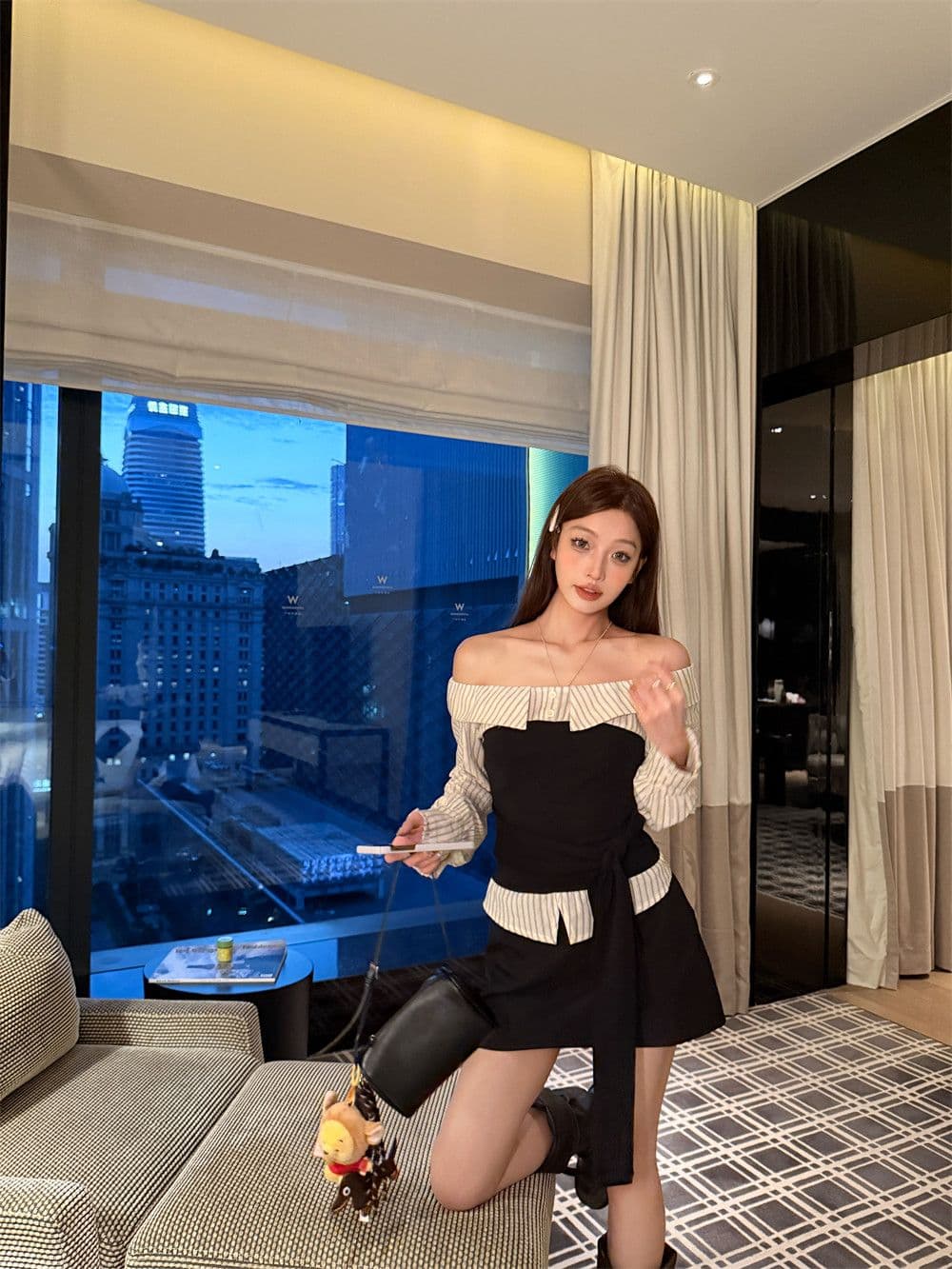 원본 것 순수한 욕망 바람 스트랩 패치워크 오프숄더 긴팔 여성 셔츠 배색 스트라이프 가을 맨위 상세 이미지 8