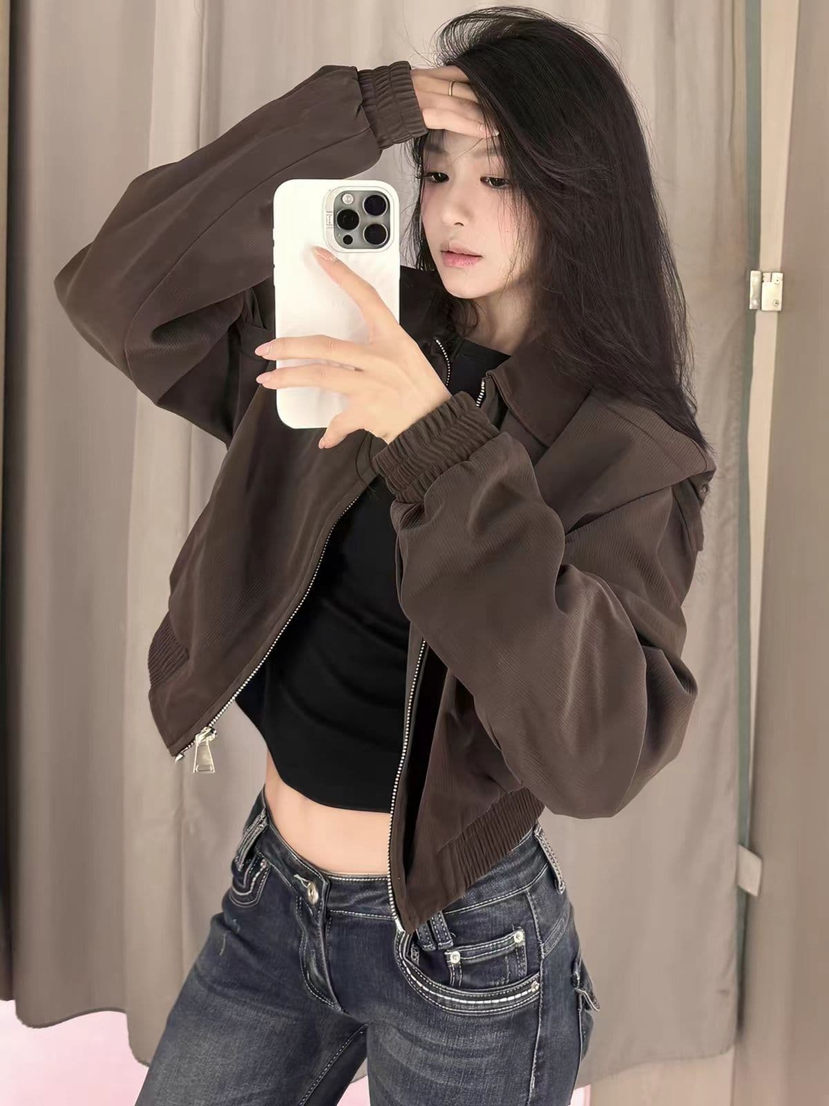 아메리칸 레트로 브라운 쇼트 스타일 여성 코트 조기 봄 고급 센스 작은 키 루즈핏 슬림해 보이는 어깨 패드 재킷 맨위