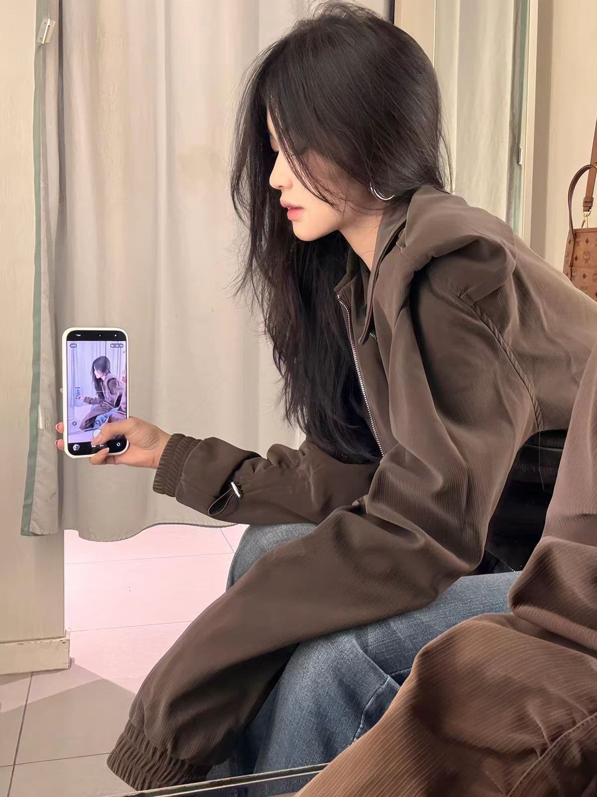 아메리칸 레트로 브라운 쇼트 스타일 여성 코트 조기 봄 고급 센스 작은 키 루즈핏 슬림해 보이는 어깨 패드 재킷 맨위 상세 이미지 5