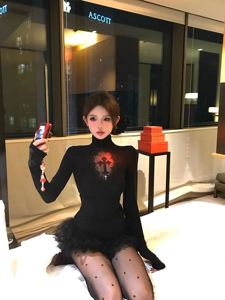 경관 그림 와 사고 방식 모달 260 그램 1 1 십자가 레이스 긴팔 티셔츠 여성 디자인 센스 맨위