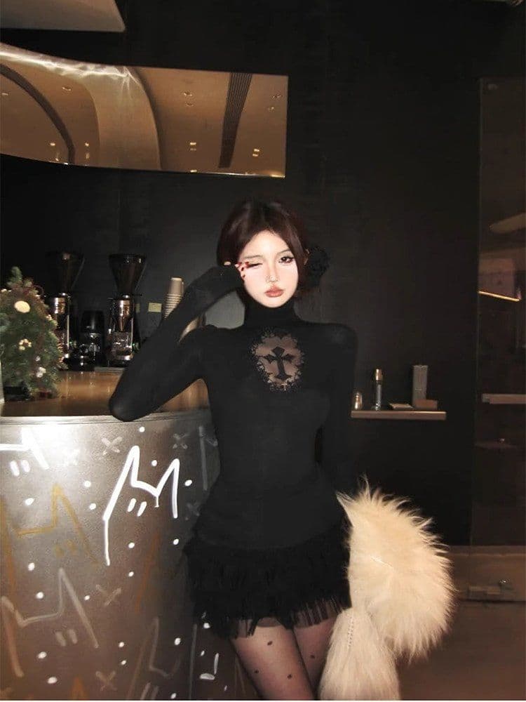 경관 그림 와 사고 방식 모달 260 그램 1 1 십자가 레이스 긴팔 티셔츠 여성 디자인 센스 맨위 상세 이미지 5