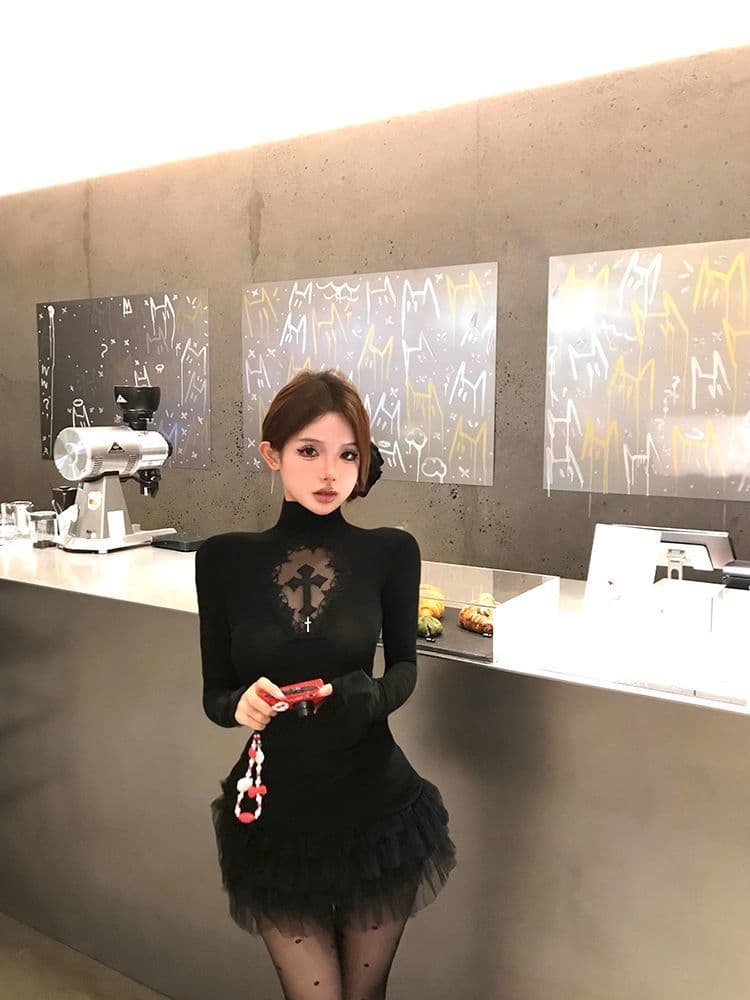경관 그림 와 사고 방식 모달 260 그램 1 1 십자가 레이스 긴팔 티셔츠 여성 디자인 센스 맨위 상세 이미지 6