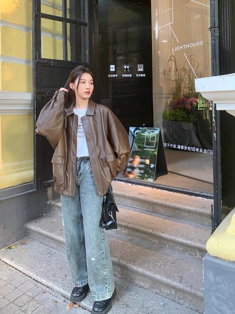 레트로 브라운 가죽 재킷 여성 짧은 2026 봄 가을 작은 키 한국 스타일 루즈핏 가죽 자켓 잘 생긴 오토바이 재킷 상세 이미지 2