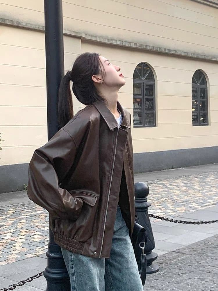 레트로 브라운 가죽 재킷 여성 짧은 2026 봄 가을 작은 키 한국 스타일 루즈핏 가죽 자켓 잘 생긴 오토바이 재킷 상세 이미지 5