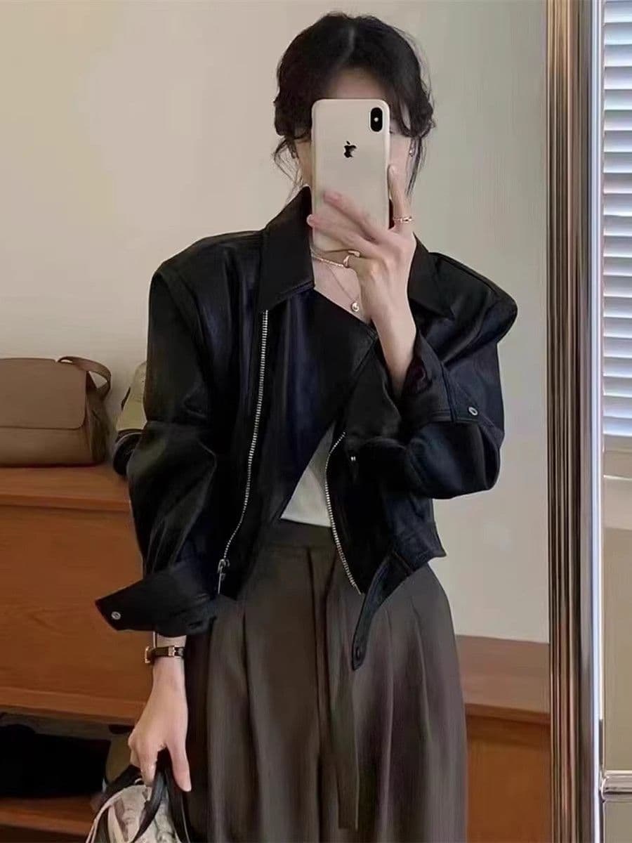 레트로 pu 가죽 재킷 여성 코트 2026 봄 가을 작은 키 패션 다용도 슬림해 보이는 오토바이 가죽 쇼트 스타일 재킷 맨위 상세 이미지 7