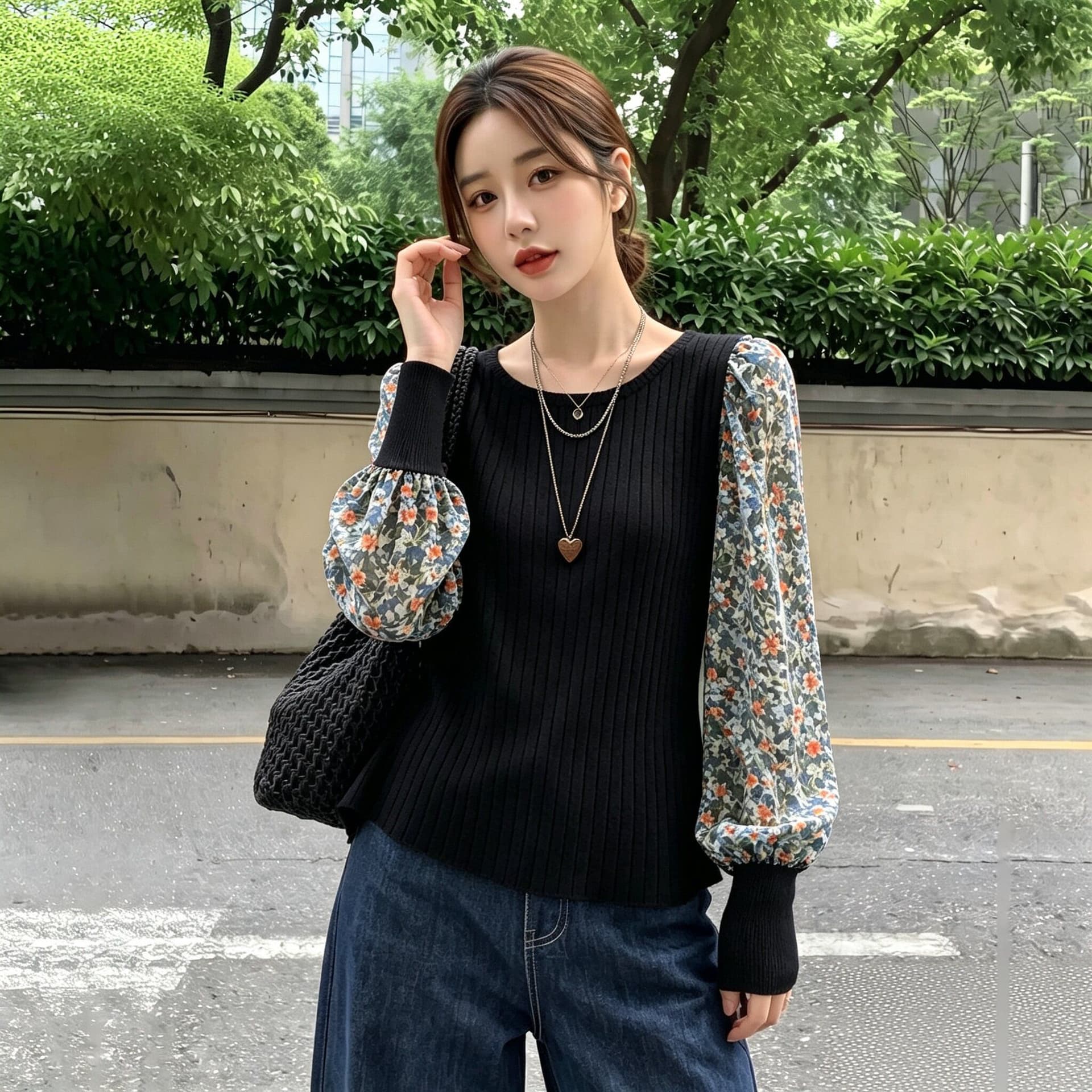 꽃무늬 패치워크 니트 긴 소매 여성 셔츠 가을 슬림해 보이는 프랑스식 품격 연령 감소 거품 소매 맨위