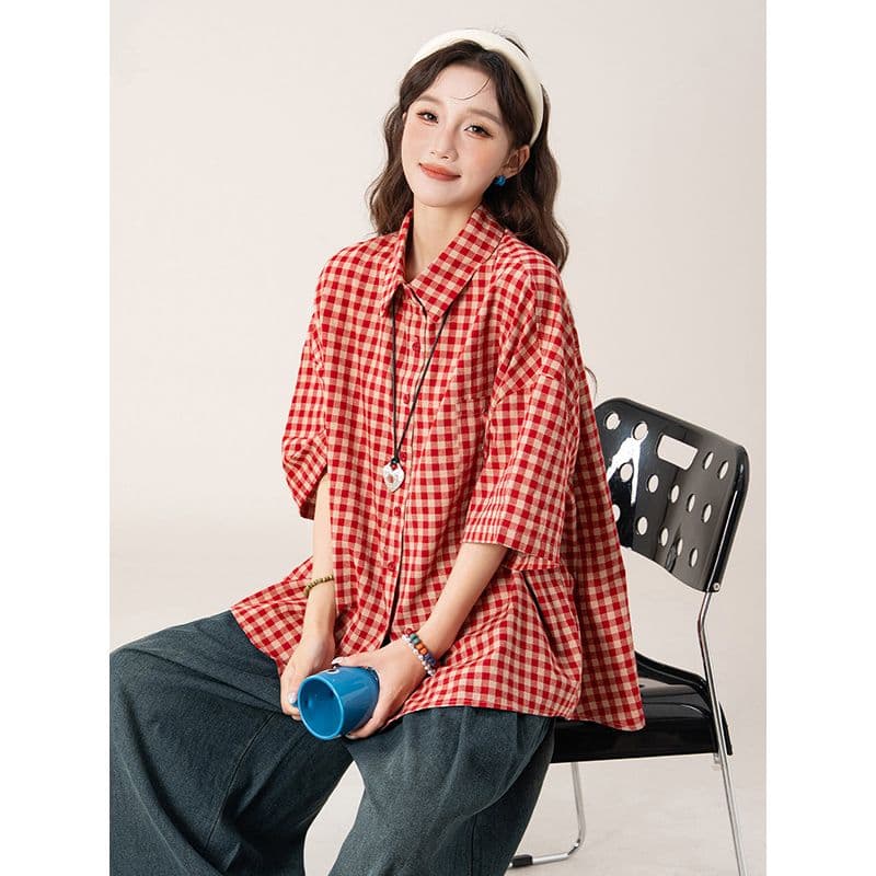 원본 솜씨 문예 전원 바람 체크무늬 반팔 티셔츠 여성 셔츠 26 여름 새로운 레트로 패션 맨위 상세 이미지 8