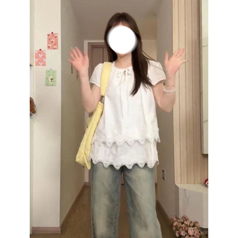 사면 신축 레이스 레이스 화이트 반팔 여성 셔츠 여름 새로운 한 부서 품격 아름다운 긍정적 인 어깨 셔츠 맨위 이미지 5