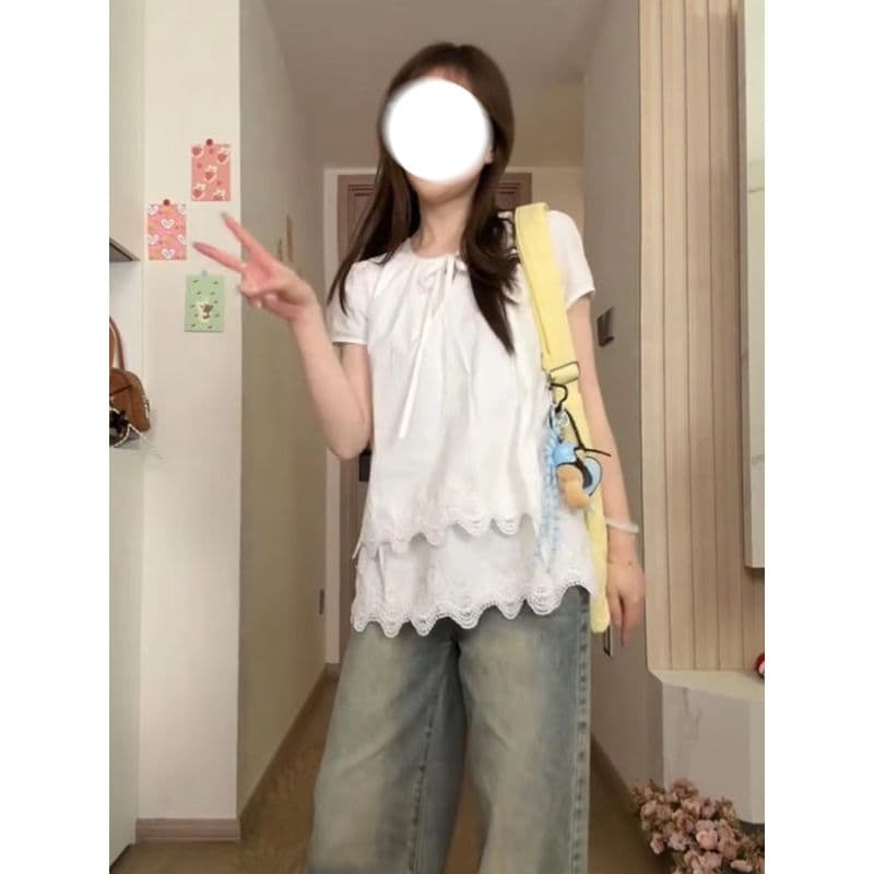 사면 신축 레이스 레이스 화이트 반팔 여성 셔츠 여름 새로운 한 부서 품격 아름다운 긍정적 인 어깨 셔츠 맨위 상세 이미지 2