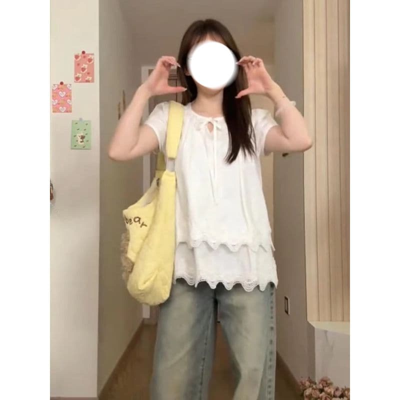 사면 신축 레이스 레이스 화이트 반팔 여성 셔츠 여름 새로운 한 부서 품격 아름다운 긍정적 인 어깨 셔츠 맨위 상세 이미지 4