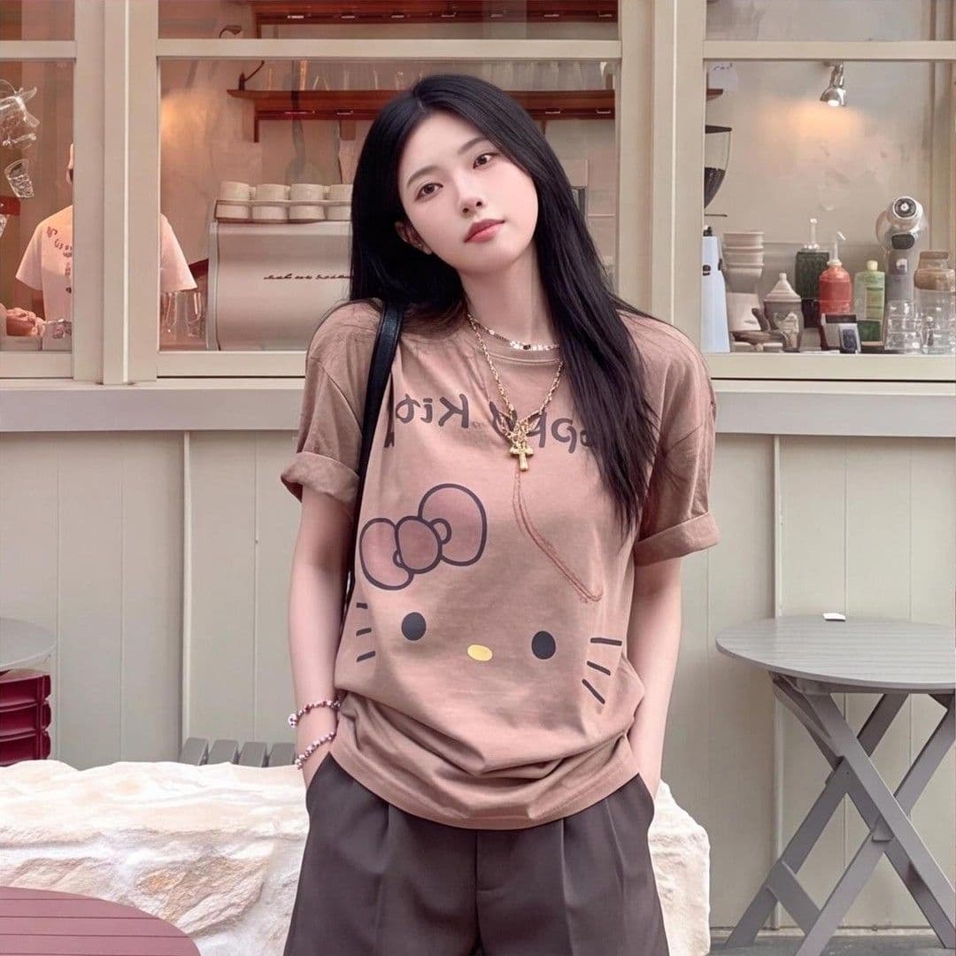 대나무 마디 면 한국 스타일 귀여운 만화 프린트 맨위 티셔츠 캐주얼 26 여름 새로운 반팔 루즈핏 슬림해 보이는 티셔츠 상세 이미지 3