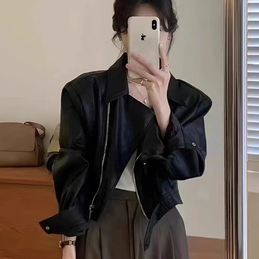 레트로 pu 가죽 재킷 여성 코트 2026 가을 작은 키 패션 다용도 슬림해 보이는 오토바이 가죽 쇼트 스타일 재킷 맨위 이미지 5