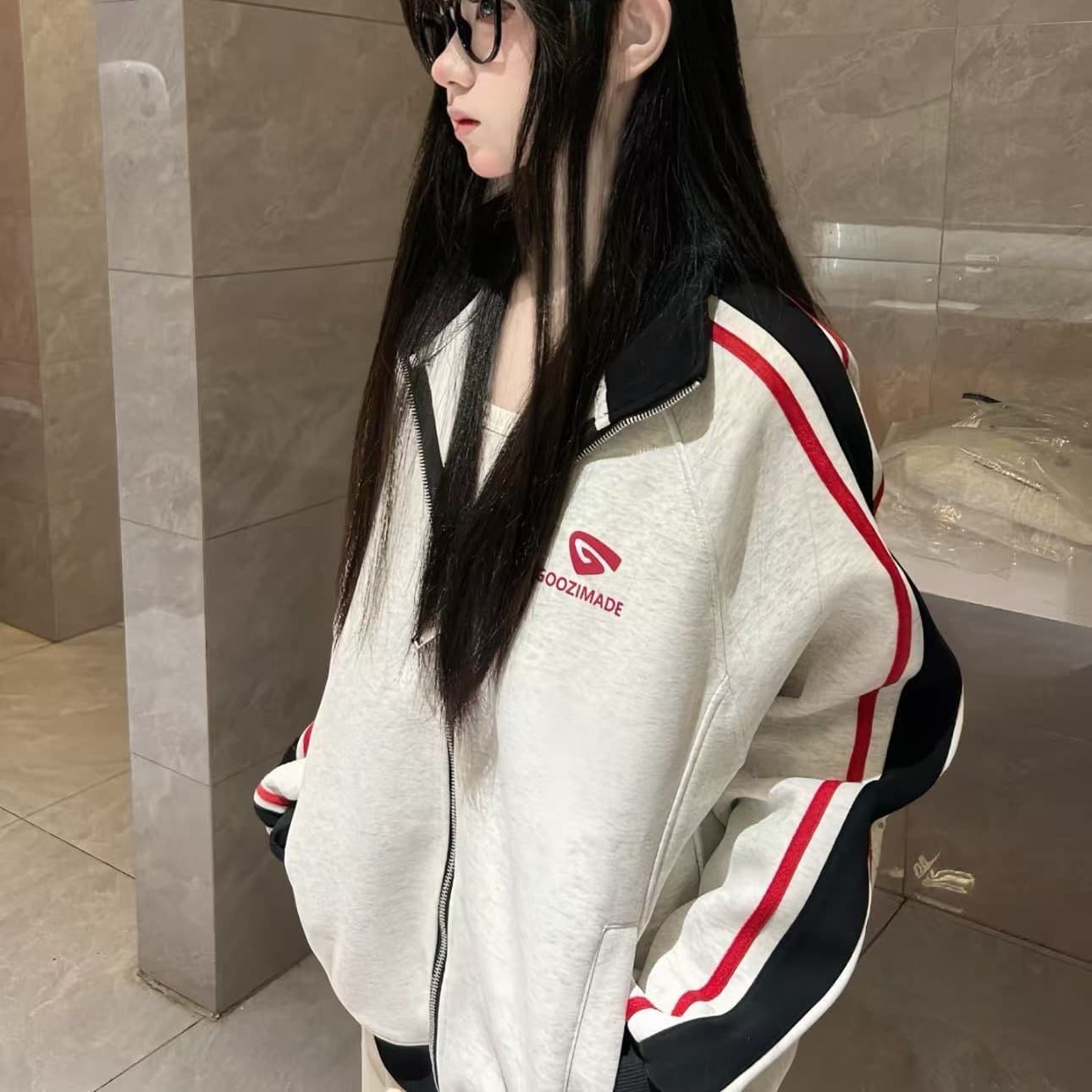 좋은 품질 솜씨 원본 압력 라인 순수한 Mianhua 면 복합 스탠드 칼라 오픈 가디건 후드티 이미지 5