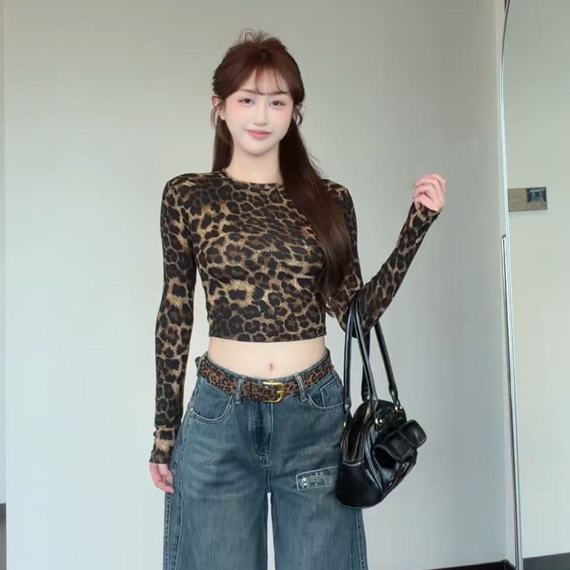 두꺼운 바늘 리브 레트로 레오파드 무늬 프린트 타이트 쇼트 스타일 티셔츠 가을 겨울 소녀 핫걸 몸매 가꾸기 맨위 상세 이미지 6