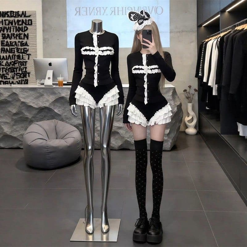 봄 가을 새로운 레이스 오픈 가디건 맨위 레이스 짧은 바지 여자 리 핫걸 세트 상세 이미지 6