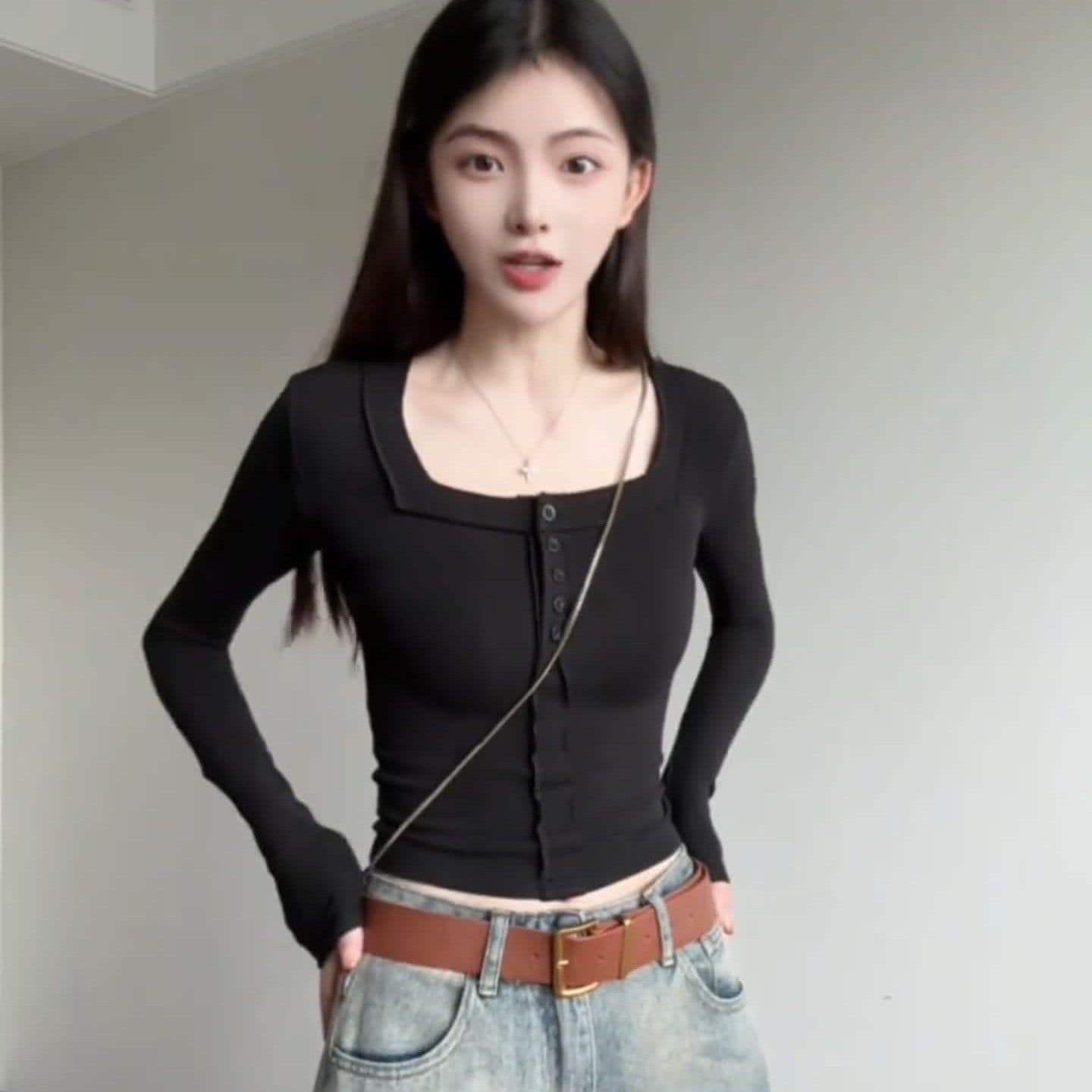 모방 면 광장 칼라 핫걸 순수한 욕망 바람 쇼트 스타일 봄 가을 긴팔 티셔츠 여성 몸매 가꾸기 인사이드 잡아라. 의류 이미지 2