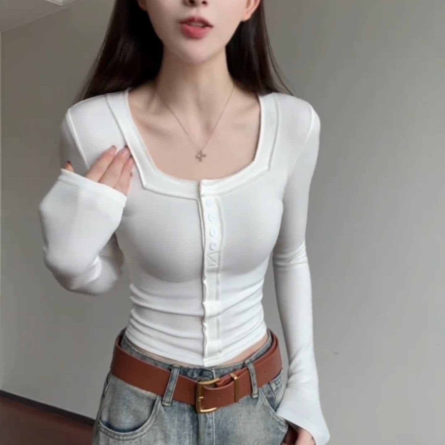 모방 면 광장 칼라 핫걸 순수한 욕망 바람 쇼트 스타일 봄 가을 긴팔 티셔츠 여성 몸매 가꾸기 인사이드 잡아라. 의류 이미지 4