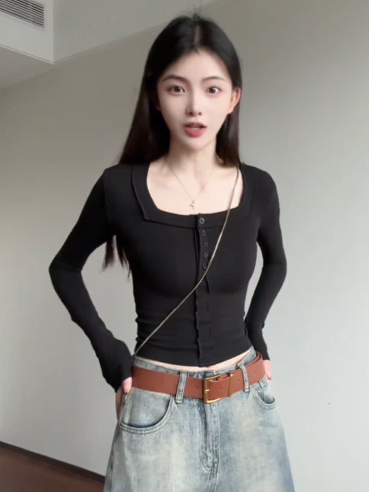 모방 면 광장 칼라 핫걸 순수한 욕망 바람 쇼트 스타일 봄 가을 긴팔 티셔츠 여성 몸매 가꾸기 인사이드 잡아라. 의류 상세 이미지 3
