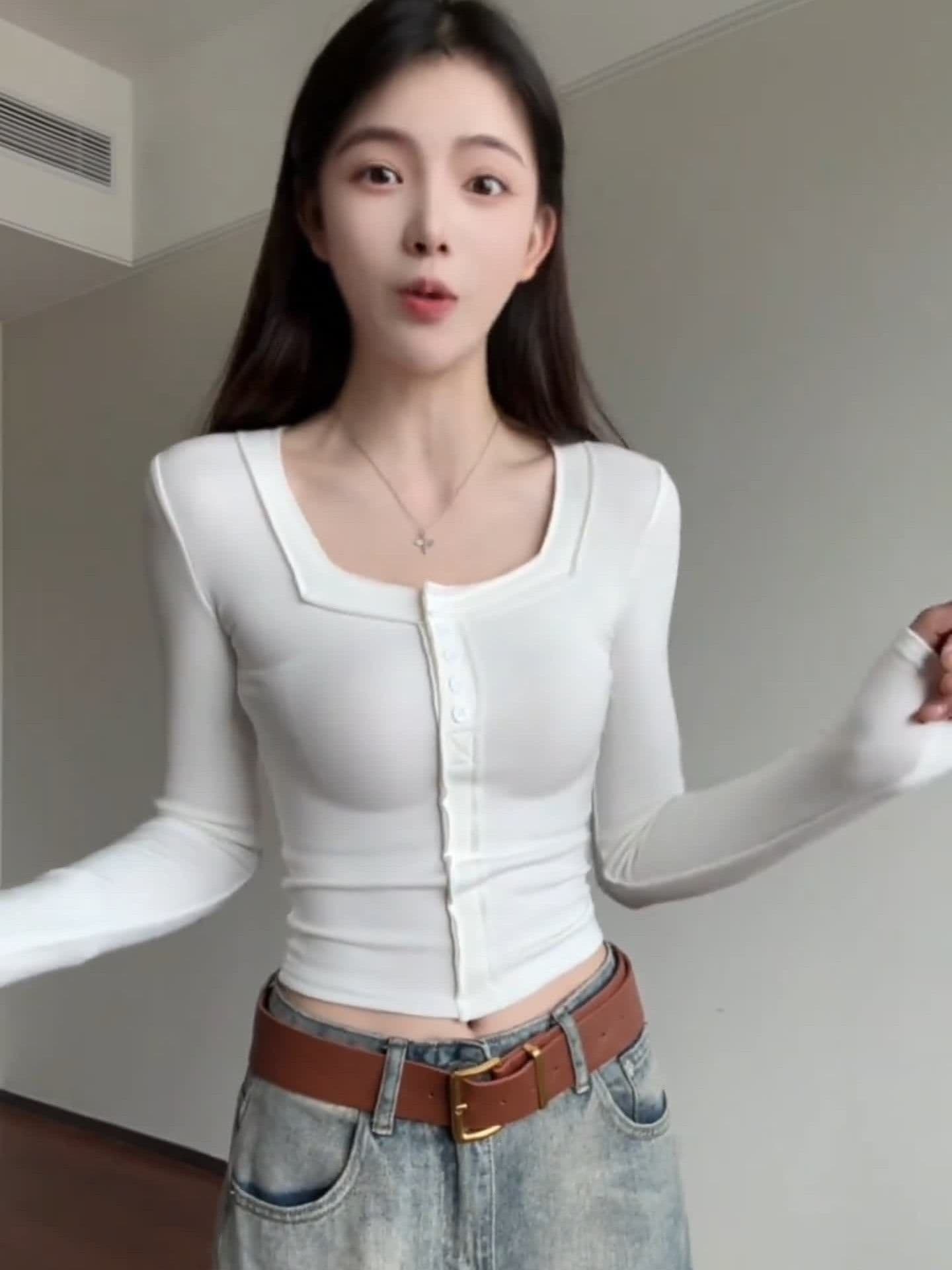 모방 면 광장 칼라 핫걸 순수한 욕망 바람 쇼트 스타일 봄 가을 긴팔 티셔츠 여성 몸매 가꾸기 인사이드 잡아라. 의류 상세 이미지 4