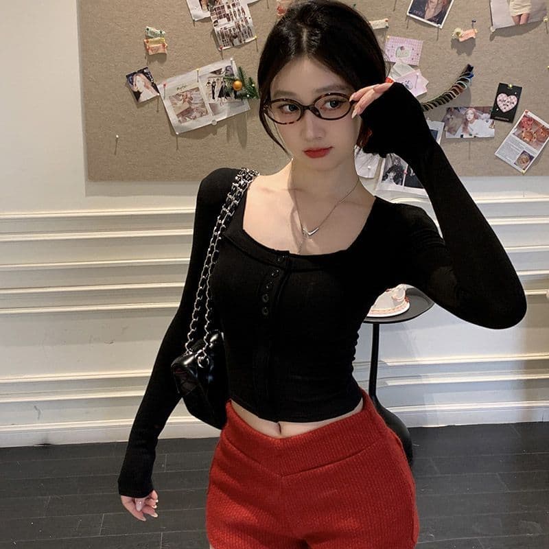 모방 면 광장 칼라 핫걸 순수한 욕망 바람 쇼트 스타일 봄 가을 긴팔 티셔츠 여성 몸매 가꾸기 인사이드 잡아라. 의류 상세 이미지 4