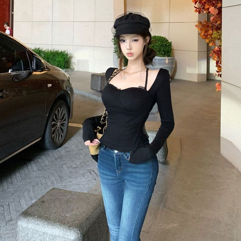 벨트 가슴 패드 레이스 티셔츠 여성 봄 가을 긴팔 행침 목 핫걸 기본 셔츠 맨위 여성 이미지 5