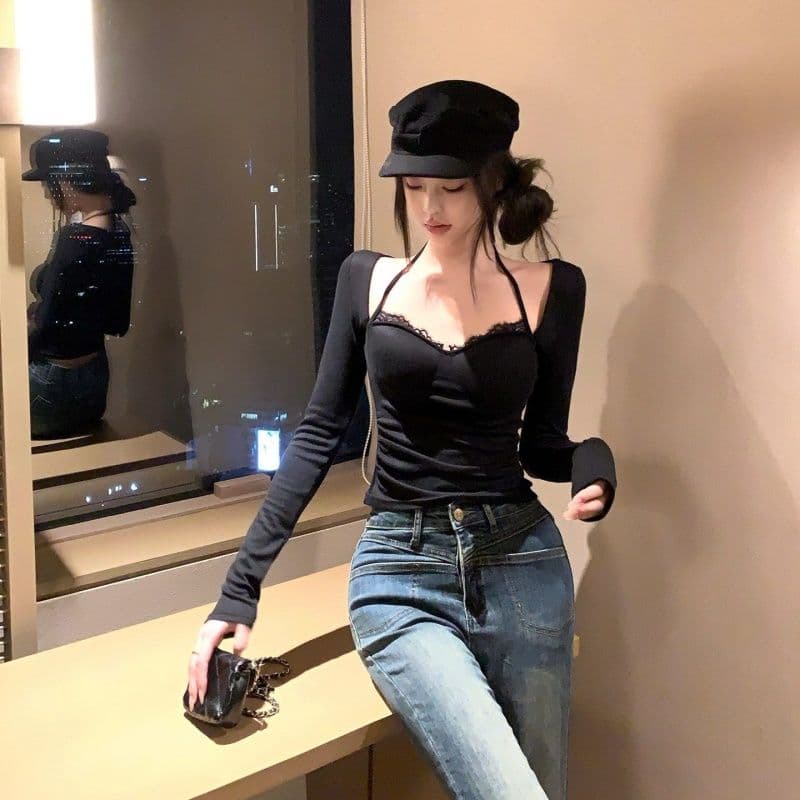벨트 가슴 패드 레이스 티셔츠 여성 봄 가을 긴팔 행침 목 핫걸 기본 셔츠 맨위 여성 이미지 3
