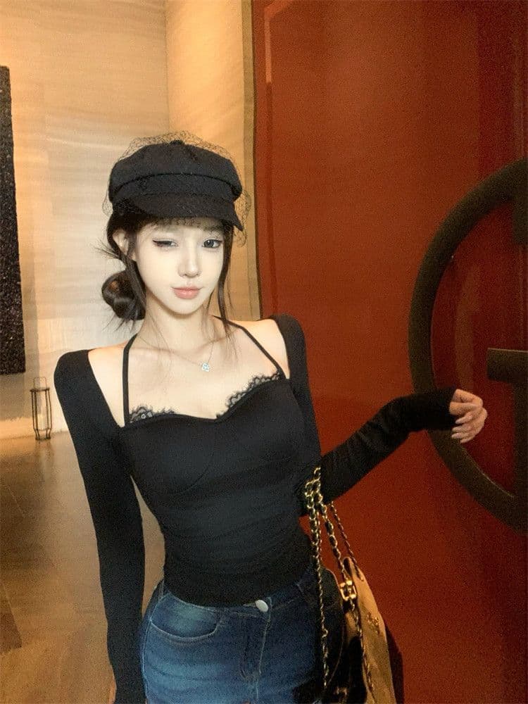 벨트 가슴 패드 레이스 티셔츠 여성 봄 가을 긴팔 행침 목 핫걸 기본 셔츠 맨위 여성 상세 이미지 3