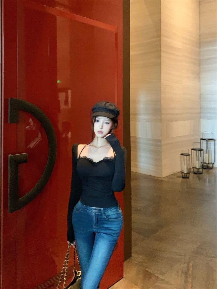 벨트 가슴 패드 레이스 티셔츠 여성 봄 가을 긴팔 행침 목 핫걸 기본 셔츠 맨위 여성 상세 이미지 5