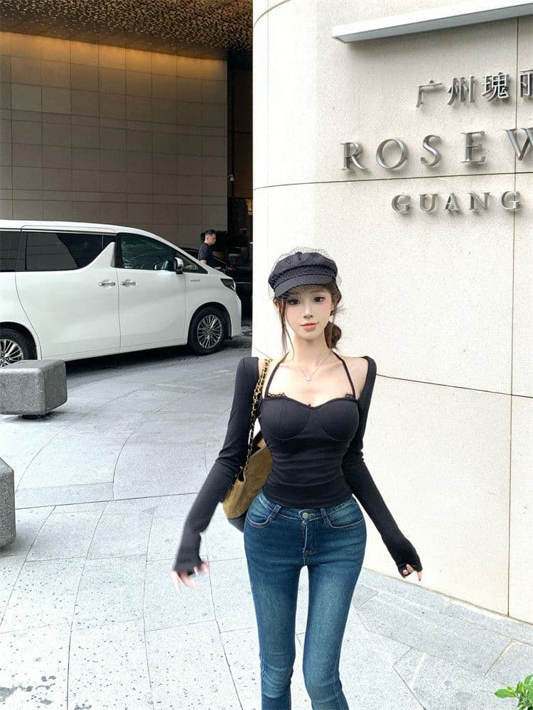 벨트 가슴 패드 레이스 티셔츠 여성 봄 가을 긴팔 행침 목 핫걸 기본 셔츠 맨위 여성 상세 이미지 6