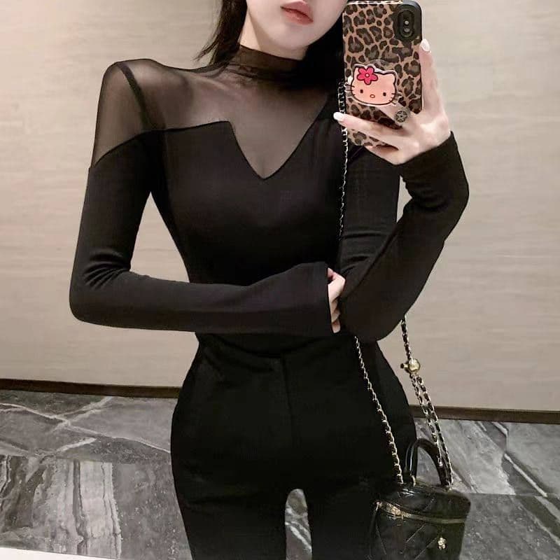 모방 면 반하이넥 긴팔 티셔츠 여성 봄 가을 새로운 망사 몸매 가꾸기 인사이드 가져 가라. 기본 셔츠 맨위 이미지 4