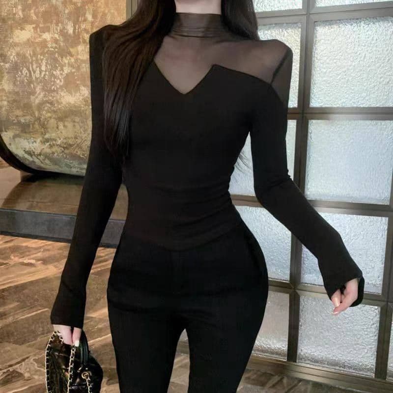 모방 면 반하이넥 긴팔 티셔츠 여성 봄 가을 새로운 망사 몸매 가꾸기 인사이드 가져 가라. 기본 셔츠 맨위 이미지 3