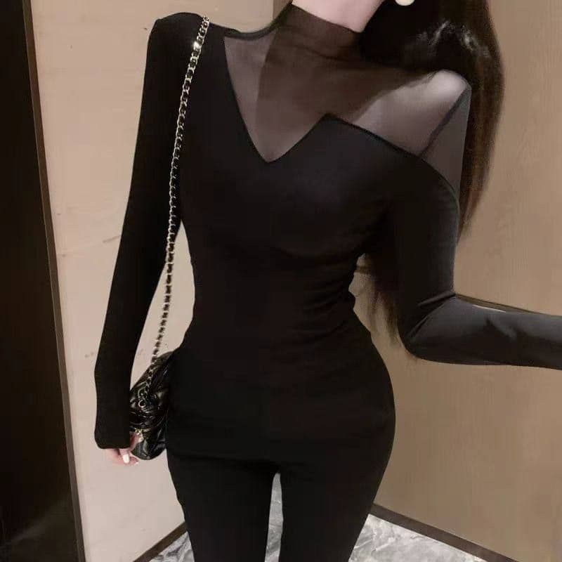 모방 면 반하이넥 긴팔 티셔츠 여성 봄 가을 새로운 망사 몸매 가꾸기 인사이드 가져 가라. 기본 셔츠 맨위 상세 이미지 4