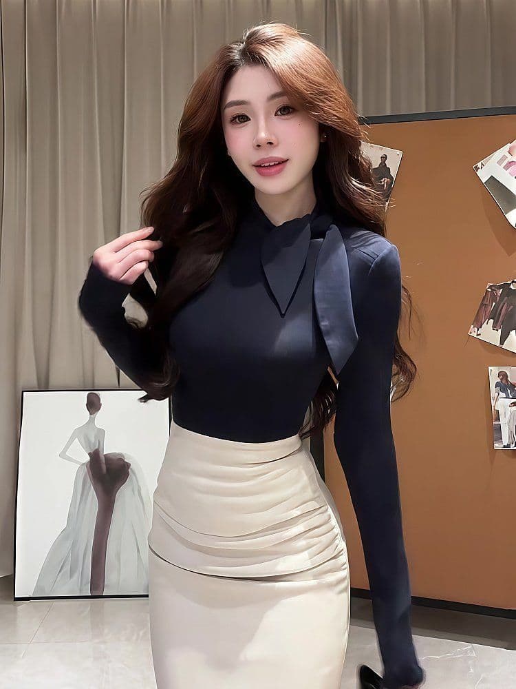 모방 면 고급 센스 품격 레이스업 긴팔 맨위 기본 셔츠 봄 가을 몸매 가꾸기 슬림해 보이는 티셔츠 여성 상세 이미지 5
