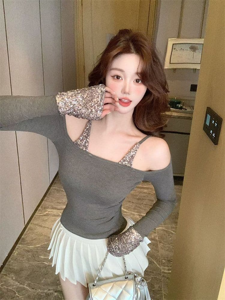 모방 면 벨트 가슴 패드 스팽글 긴팔 티셔츠 여성 가을 오프숄더 몸매 가꾸기 핫걸 바람 만나는 맨위 상세 이미지 3