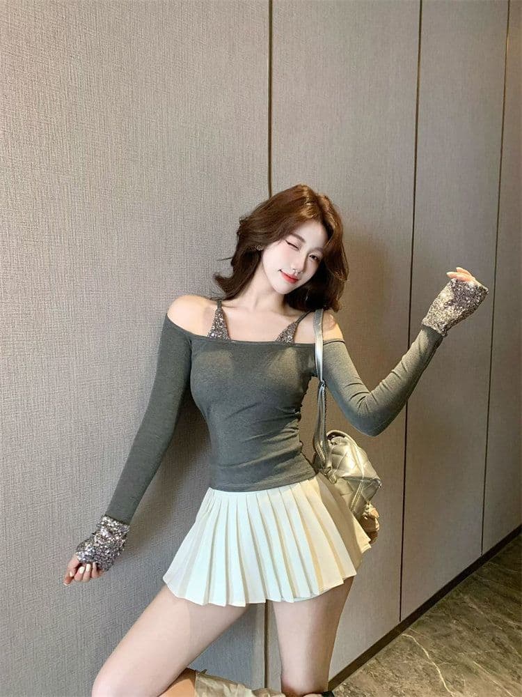 모방 면 벨트 가슴 패드 스팽글 긴팔 티셔츠 여성 가을 오프숄더 몸매 가꾸기 핫걸 바람 만나는 맨위 상세 이미지 6