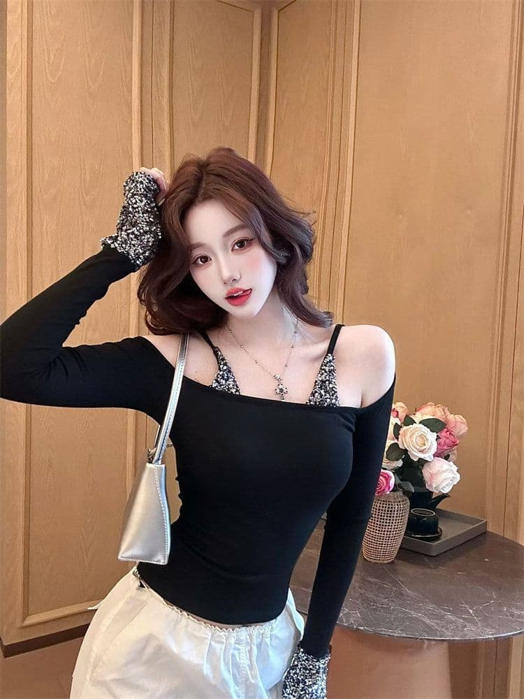 모방 면 벨트 가슴 패드 스팽글 긴팔 티셔츠 여성 가을 오프숄더 몸매 가꾸기 핫걸 바람 만나는 맨위 상세 이미지 7