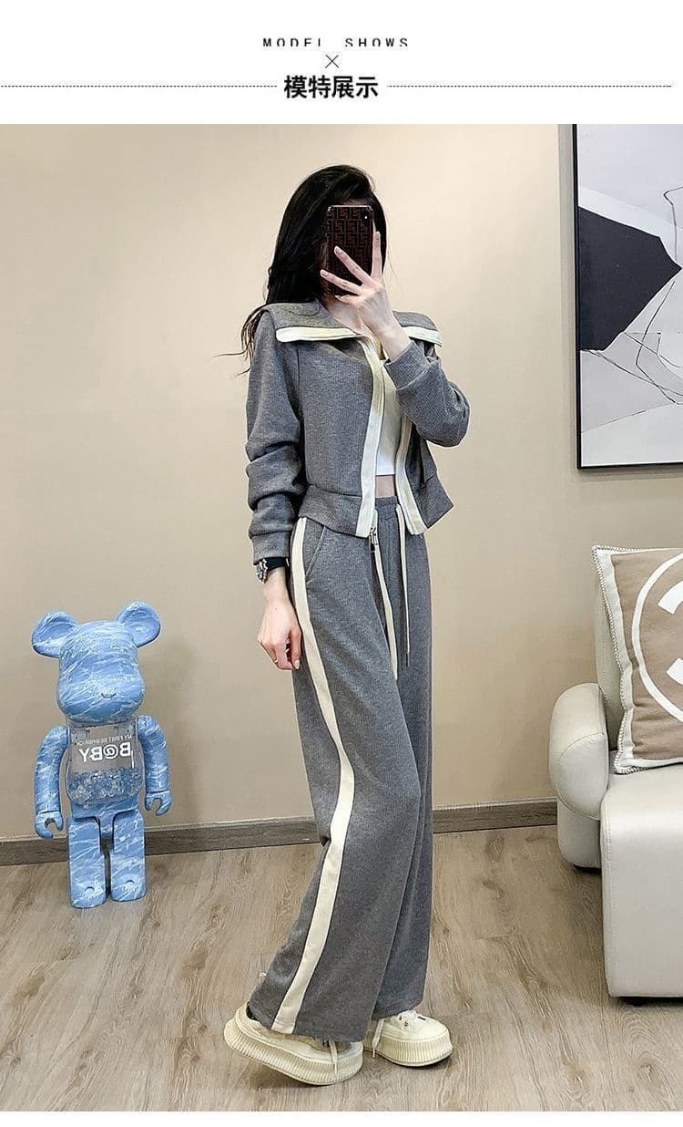소금 부서 캐주얼 스포츠 슈트 여성 이른 가을 외국 가스 연령 감소 폴로 칼라 후드티 와이드 레그 팬츠 투피스 세트 트렌디 상세 이미지 7