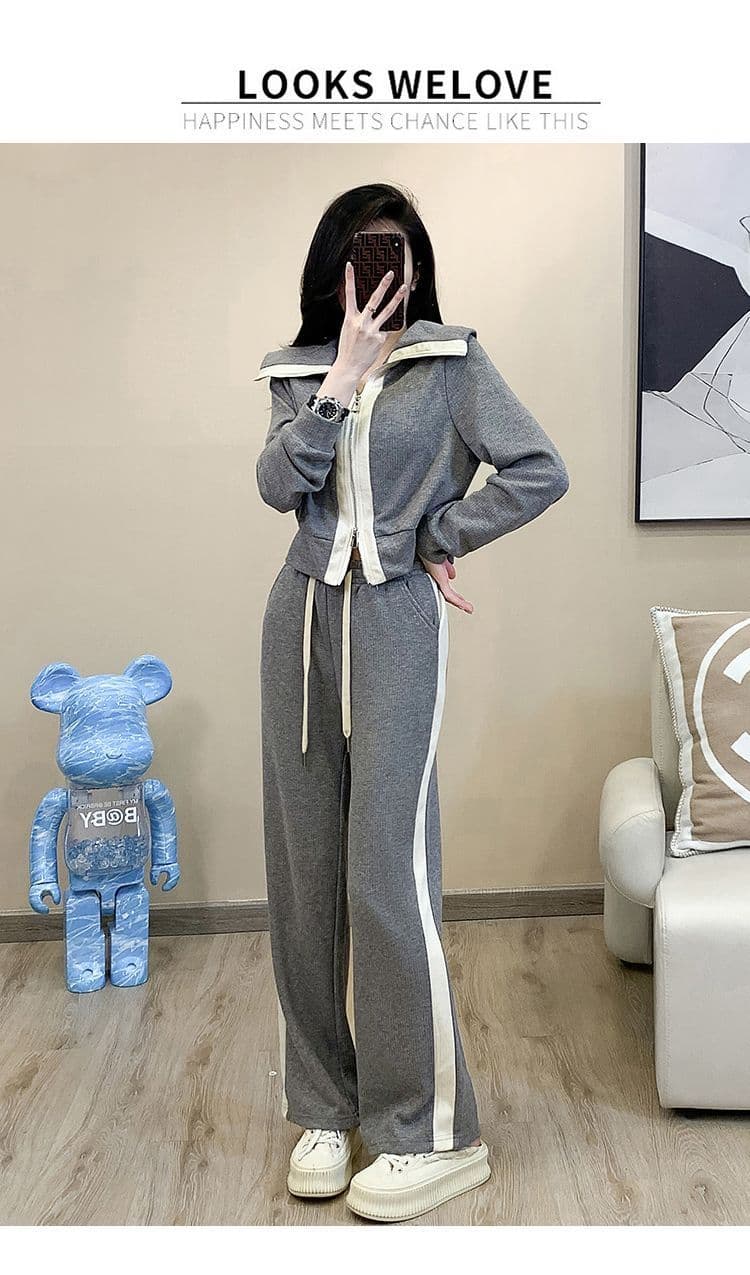 소금 부서 캐주얼 스포츠 슈트 여성 이른 가을 외국 가스 연령 감소 폴로 칼라 후드티 와이드 레그 팬츠 투피스 세트 트렌디 상세 이미지 9
