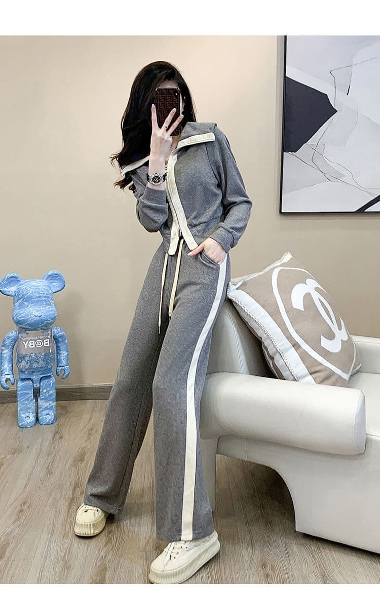 소금 부서 캐주얼 스포츠 슈트 여성 이른 가을 외국 가스 연령 감소 폴로 칼라 후드티 와이드 레그 팬츠 투피스 세트 트렌디 상세 이미지 10