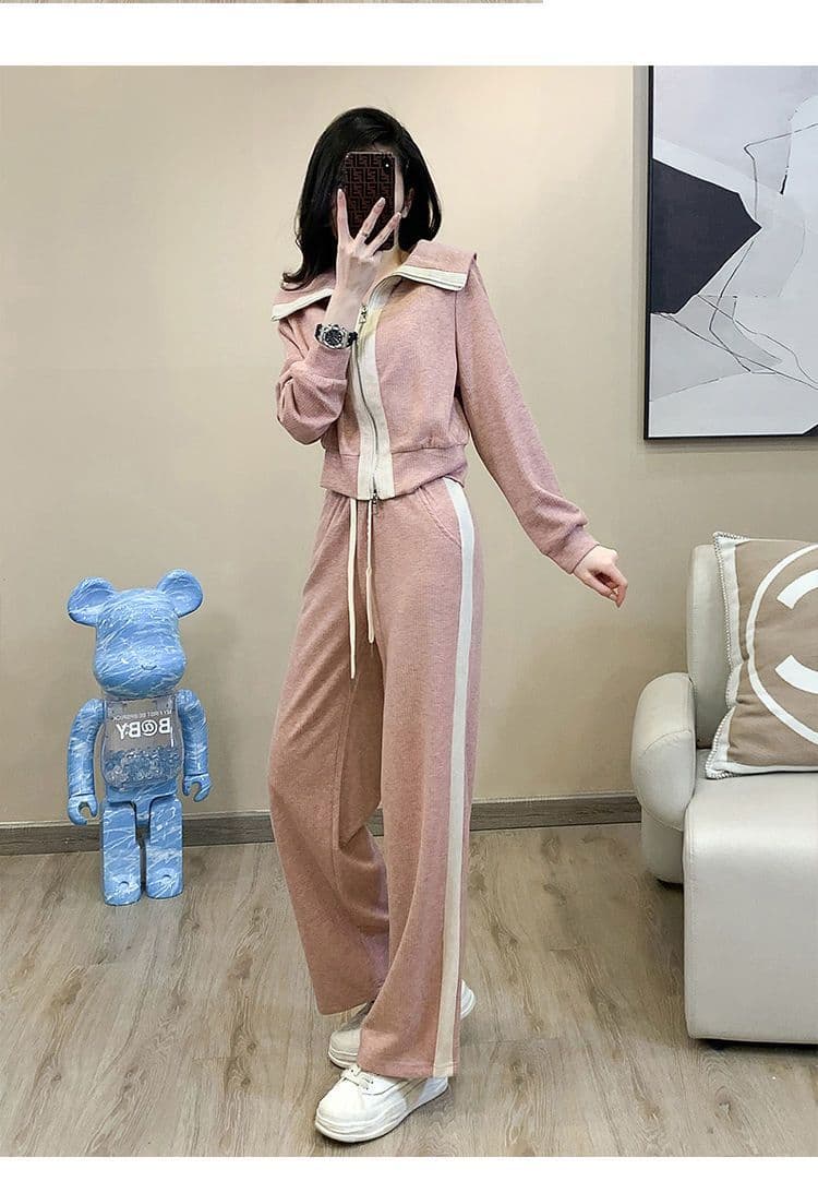 소금 부서 캐주얼 스포츠 슈트 여성 이른 가을 외국 가스 연령 감소 폴로 칼라 후드티 와이드 레그 팬츠 투피스 세트 트렌디 상세 이미지 13