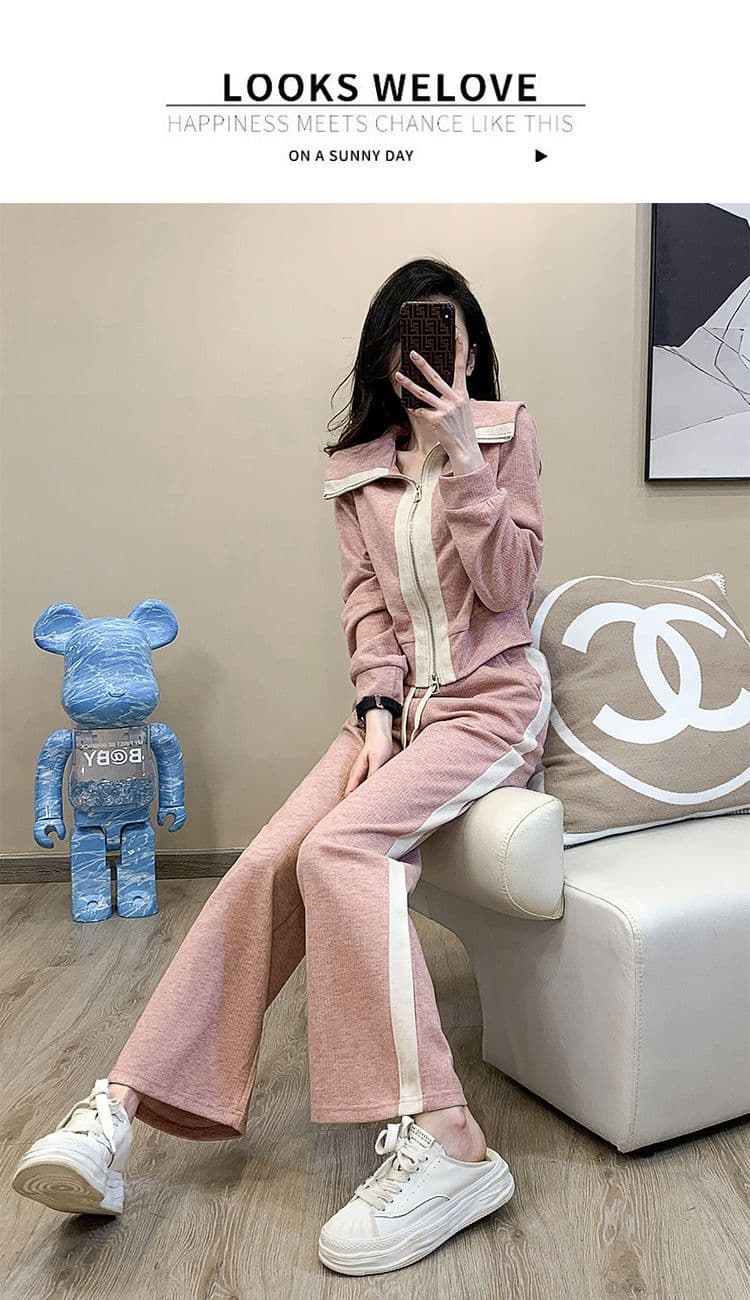 소금 부서 캐주얼 스포츠 슈트 여성 이른 가을 외국 가스 연령 감소 폴로 칼라 후드티 와이드 레그 팬츠 투피스 세트 트렌디 상세 이미지 16