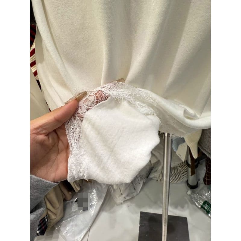 화이트 레이스 레이스 V넥 긍정적 인 어깨 기본 셔츠 여성 가을 겨울 루즈핏 인사이드 가져 가라. De 플러시 긴팔 티셔츠 연삭 털이 많은 옷 상세 이미지 7