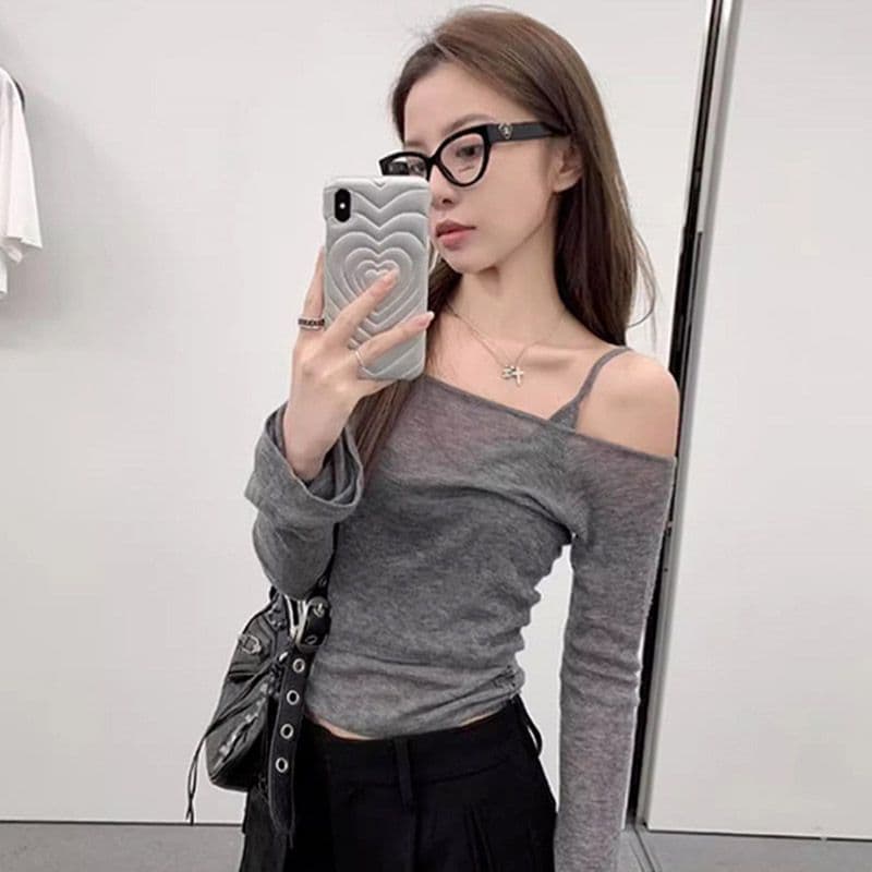 오프숄더 얇은 스타일 자외선 차단 긴팔 티셔츠 여성 여름 순수한 욕망 핫걸 맨위 슬립 투피스 슈트