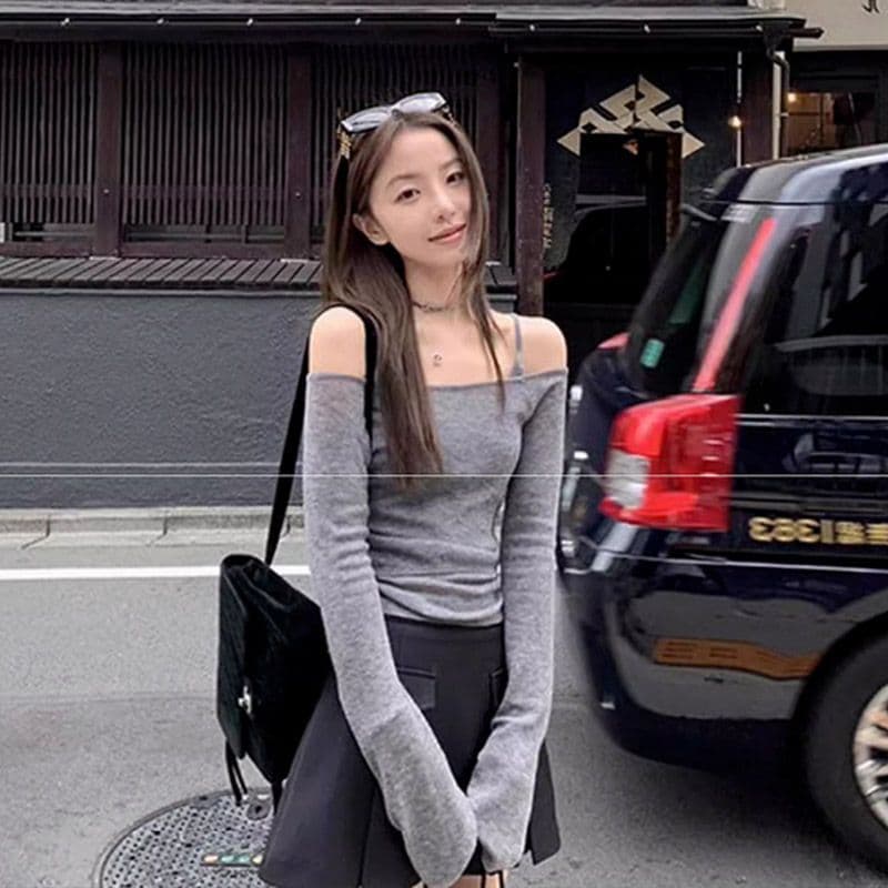 오프숄더 얇은 스타일 자외선 차단 긴팔 티셔츠 여성 여름 순수한 욕망 핫걸 맨위 슬립 투피스 슈트 이미지 4