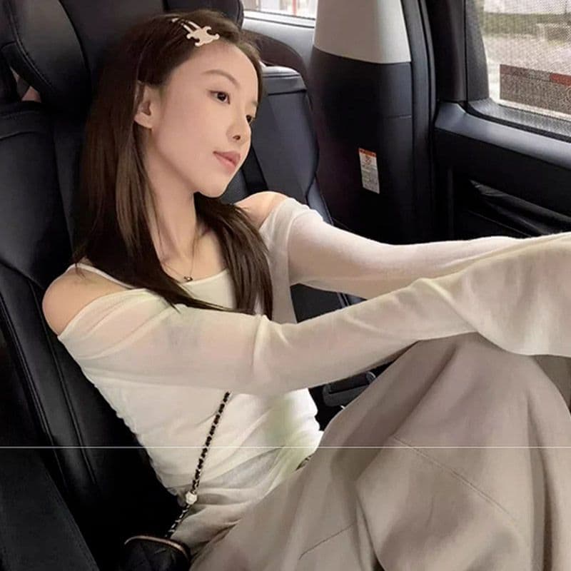 오프숄더 얇은 스타일 자외선 차단 긴팔 티셔츠 여성 여름 순수한 욕망 핫걸 맨위 슬립 투피스 슈트 이미지 3