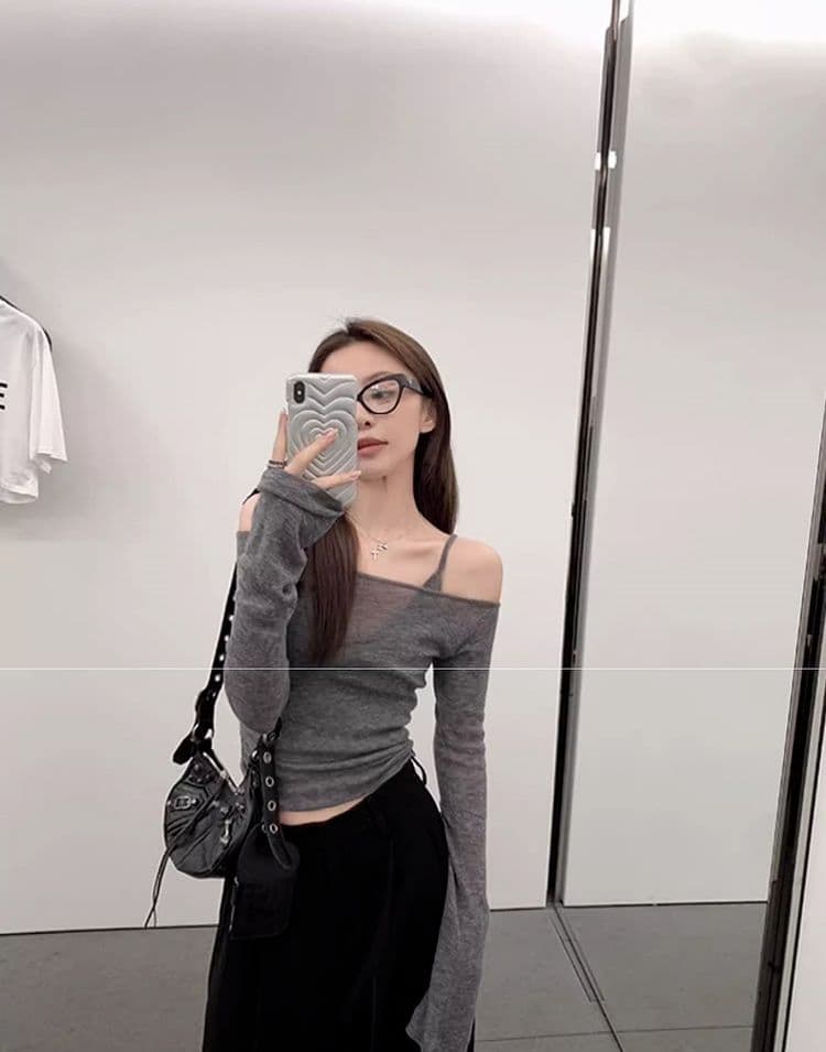 오프숄더 얇은 스타일 자외선 차단 긴팔 티셔츠 여성 여름 순수한 욕망 핫걸 맨위 슬립 투피스 슈트 상세 이미지 8