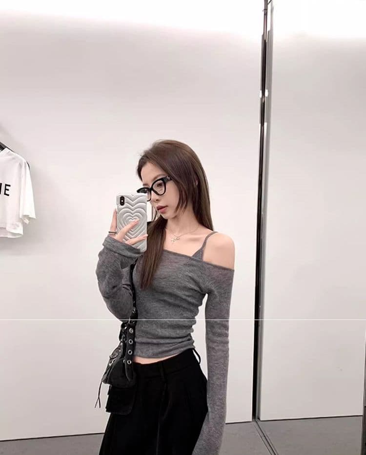 오프숄더 얇은 스타일 자외선 차단 긴팔 티셔츠 여성 여름 순수한 욕망 핫걸 맨위 슬립 투피스 슈트 상세 이미지 13